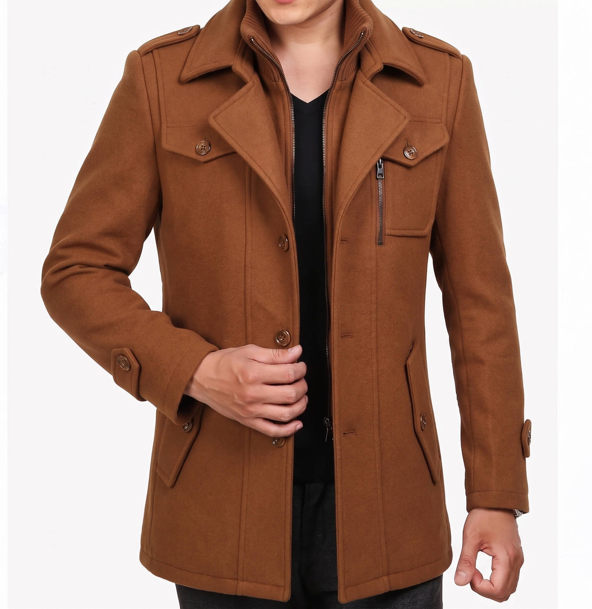 Men's Tweed Wool Coat, Korean Style Business Jacket, Double Neck, Front Zipper & Button Detail