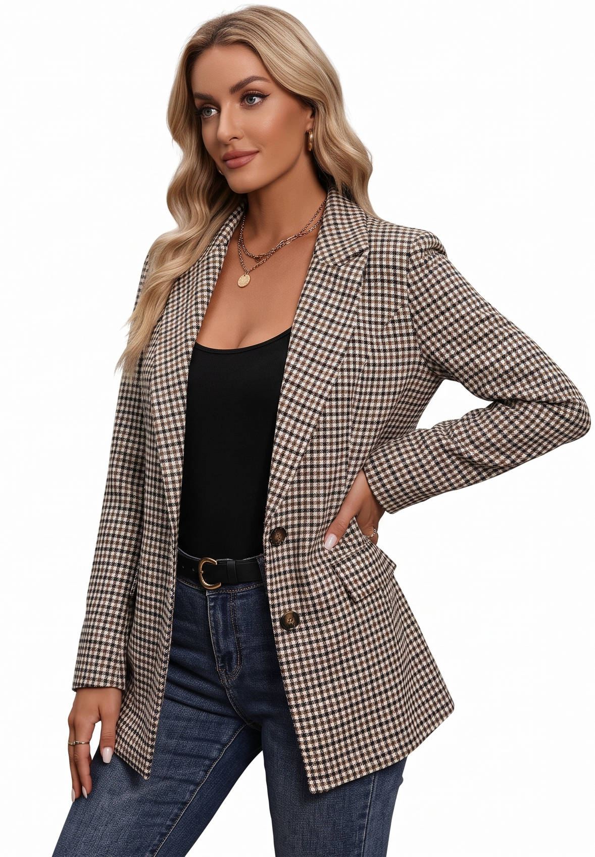 Womens Plaid Houndstooth Blazer, Business Casual Fall Jacket