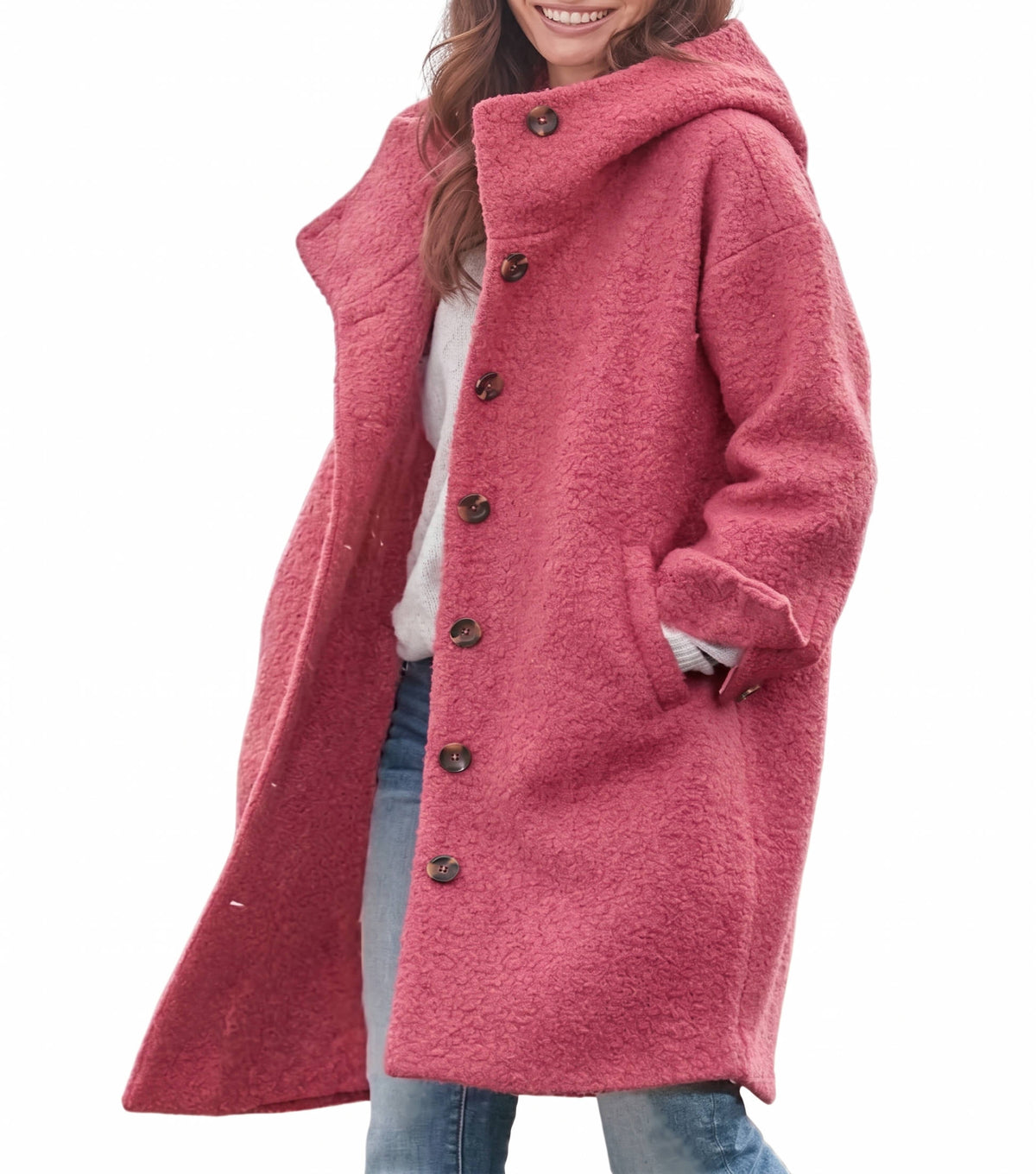 Women's Hooded Wool Coat, Long Button Front Winter Jacket, Casual Warm Outerwear