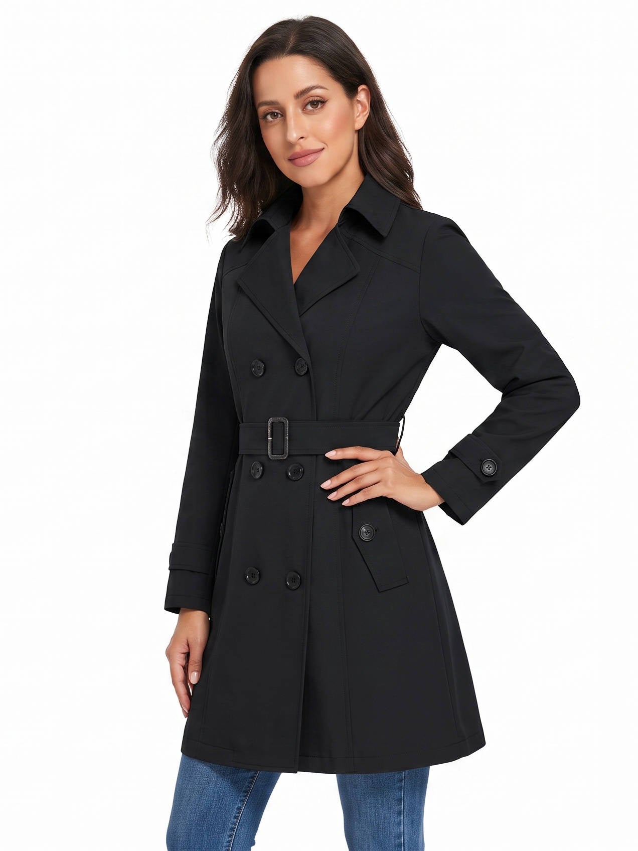 Womens Trench Coat, Classic Lapel, Belted Outerwear