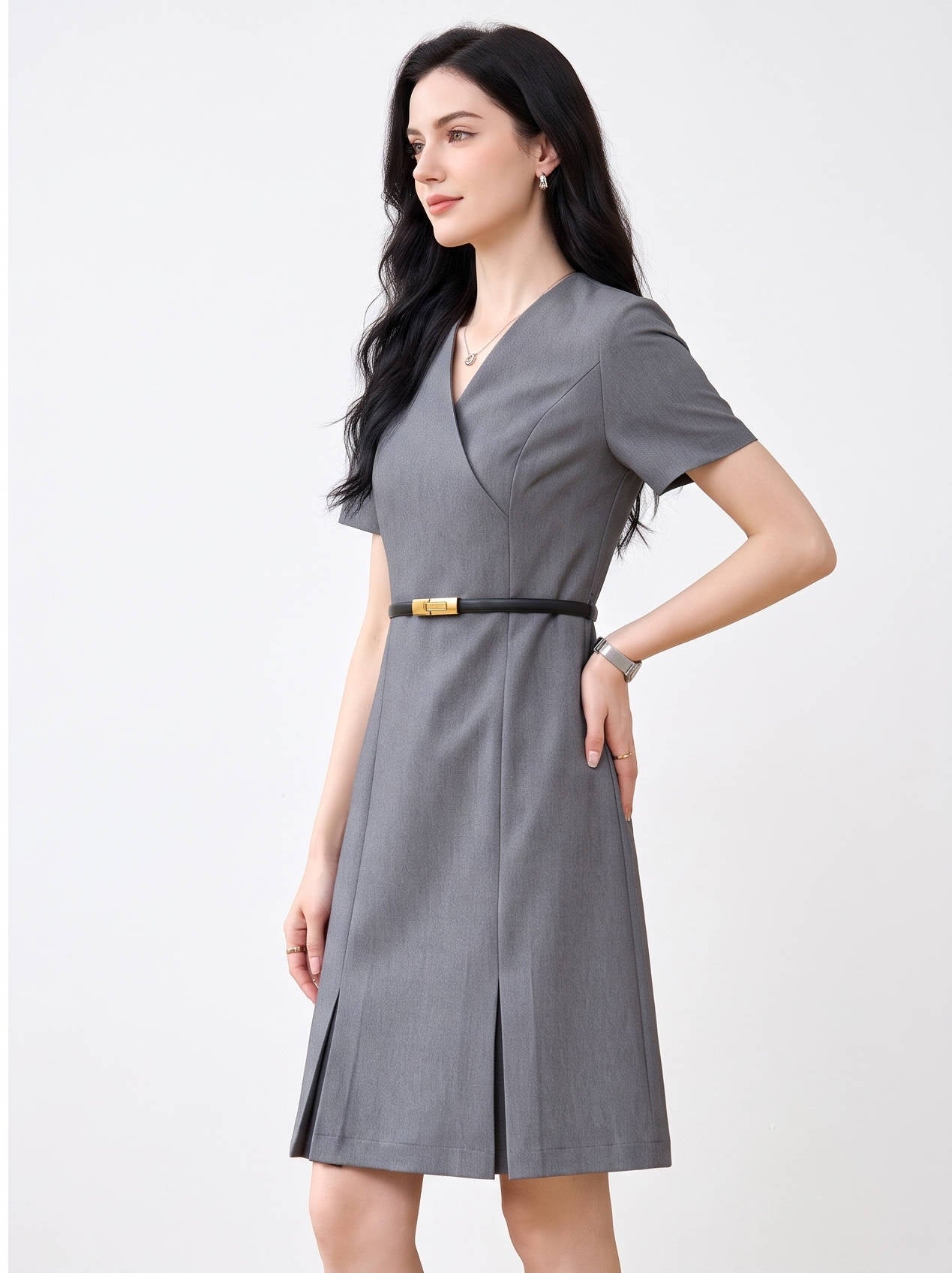 Women's A Line Work Dress, Short Sleeve V Neck Sheath Dress, Professional Business Casual Career Outfit