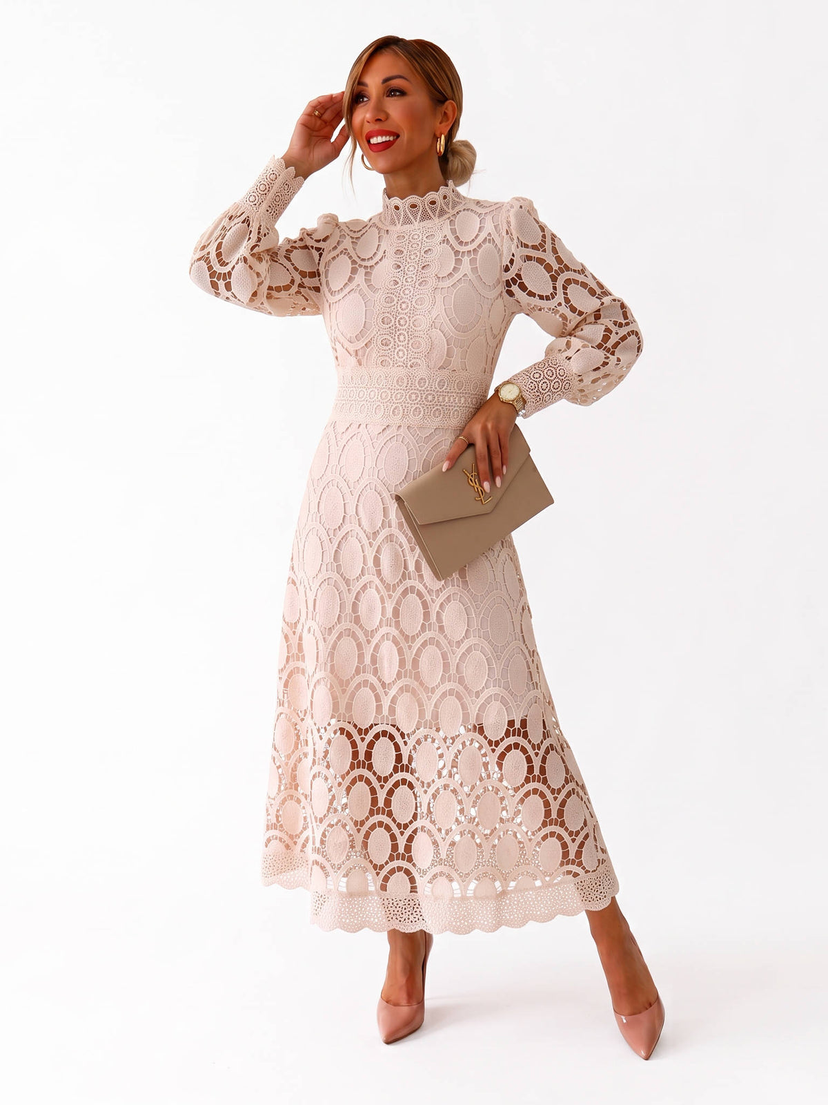 Womens Camille Openwork Midi Dress, Elegant Cutout Knit Dress, Stylish Casual Occasion Wear