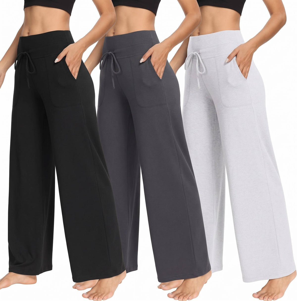 Womens Wide Leg Sweatpants, 3 Pack Loose Fit Pants with Pockets for Yoga Lounge Casual Wear and Everyday Comfort