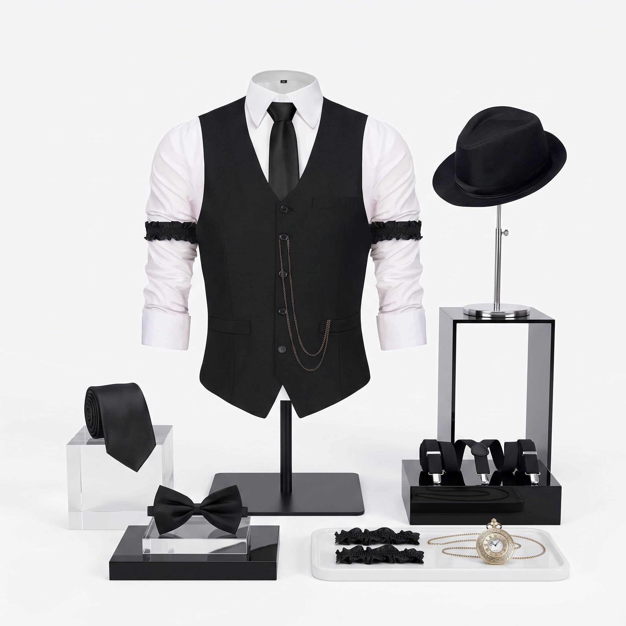 Mens 1920s Gatsby Costume, Roaring 20s Outfit, Vintage Vest and Hat Accessories