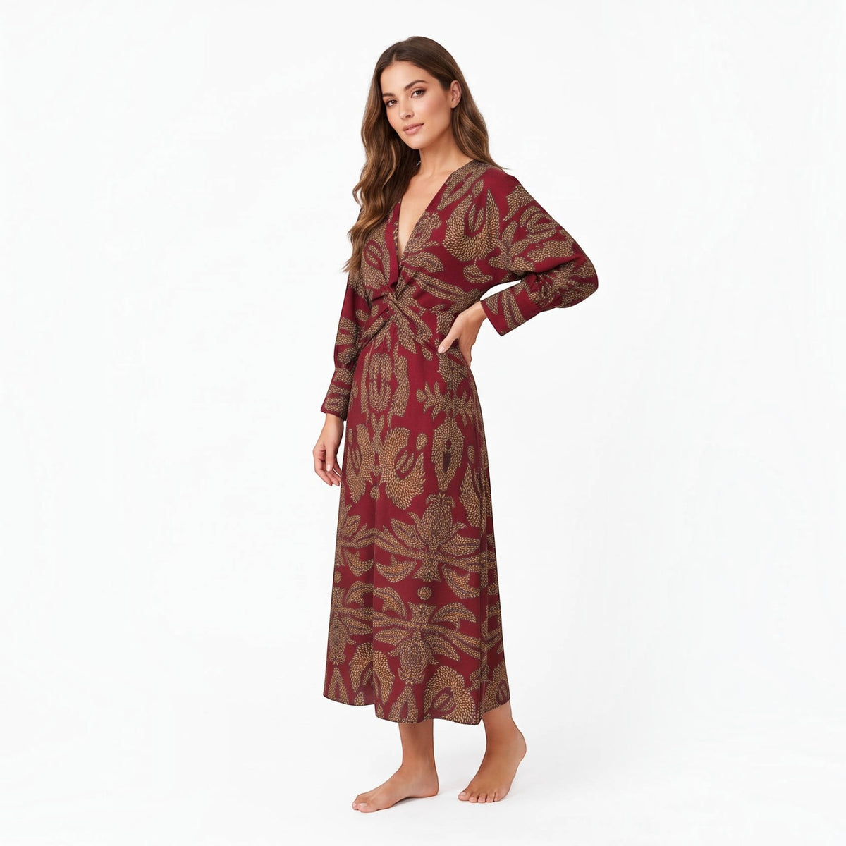 Womens Fall Wedding Guest Dress, V Neck Maxi Dress, Long Sleeve Elegant Formal Dress