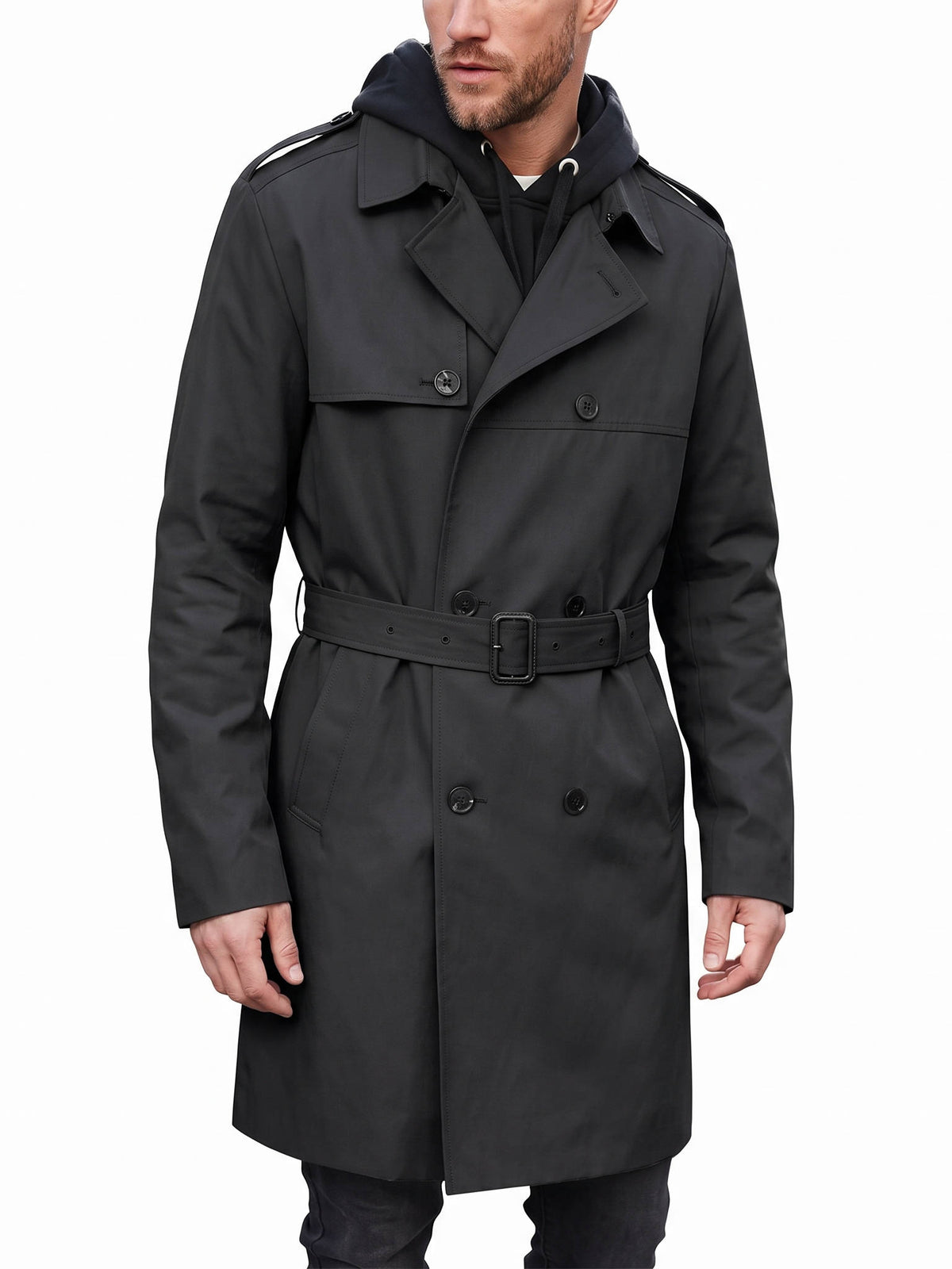 Mens Trench Coat, Belted Windproof Overcoat, Long Windbreaker Jacket