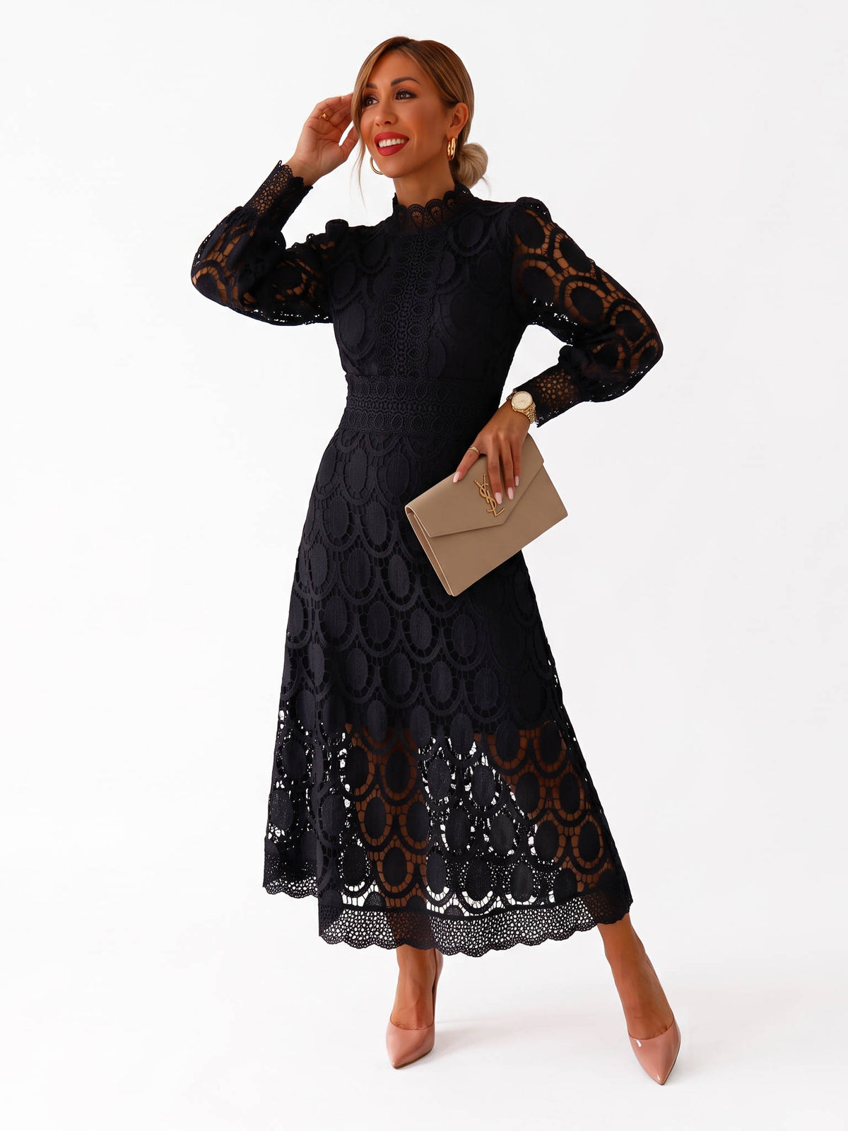 Womens Camille Openwork Midi Dress, Elegant Cutout Knit Dress, Stylish Casual Occasion Wear