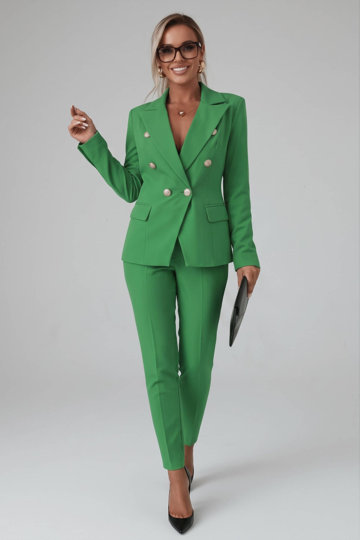 Womens Two Piece Pants Suit, Double Breasted Blazer and Straight Leg Trousers for Professional Office Business Wear
