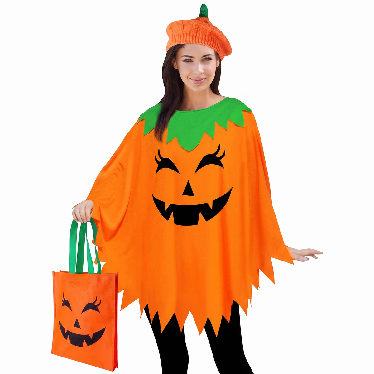 Pumpkin Costume for Women, Adult Pumpkin Poncho Halloween Costume Set for Parties and Events