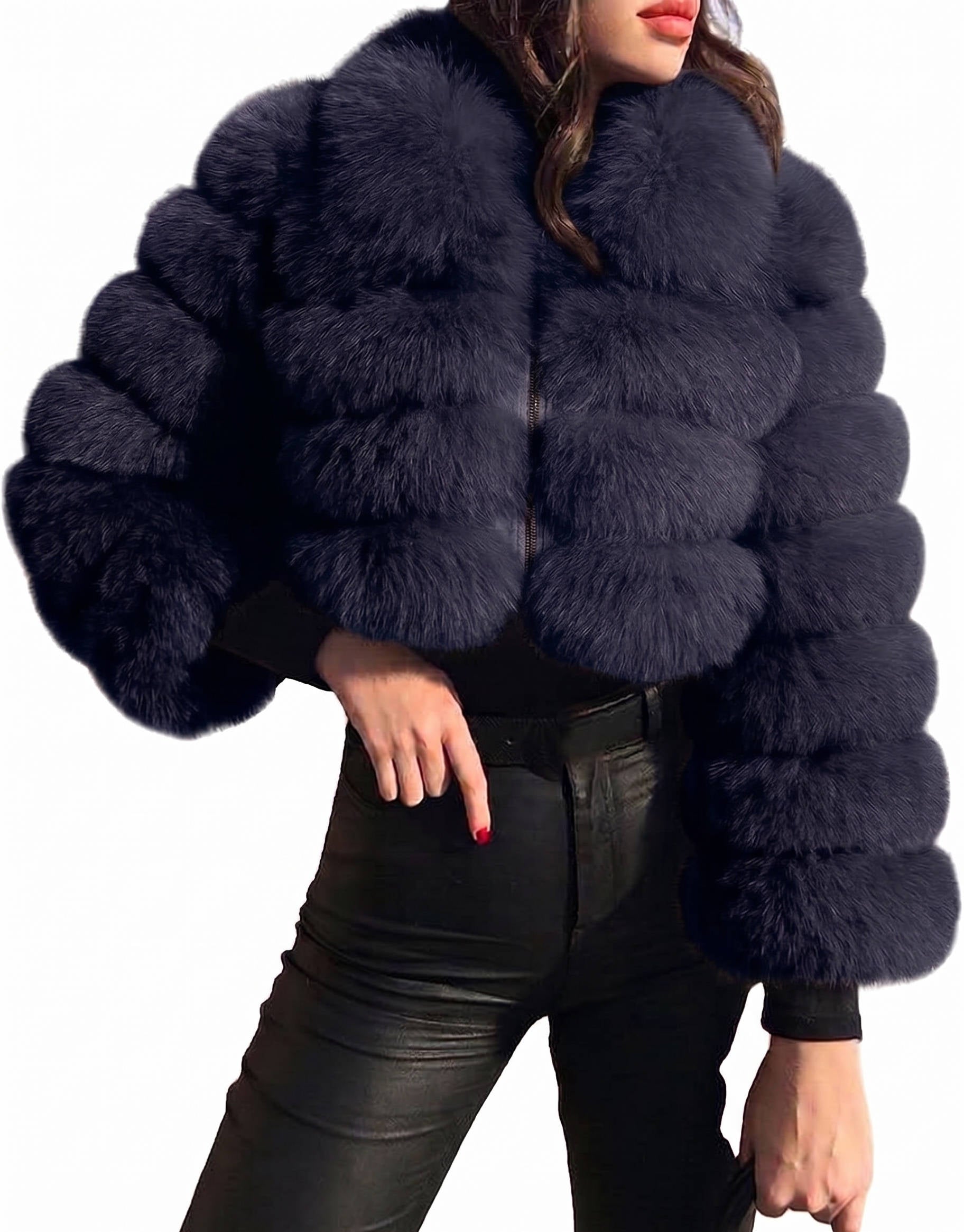 Womens Faux Fur Cropped Jacket, Fluffy Teddy Puffer Coat, Zip Up Warm Winter Jacket