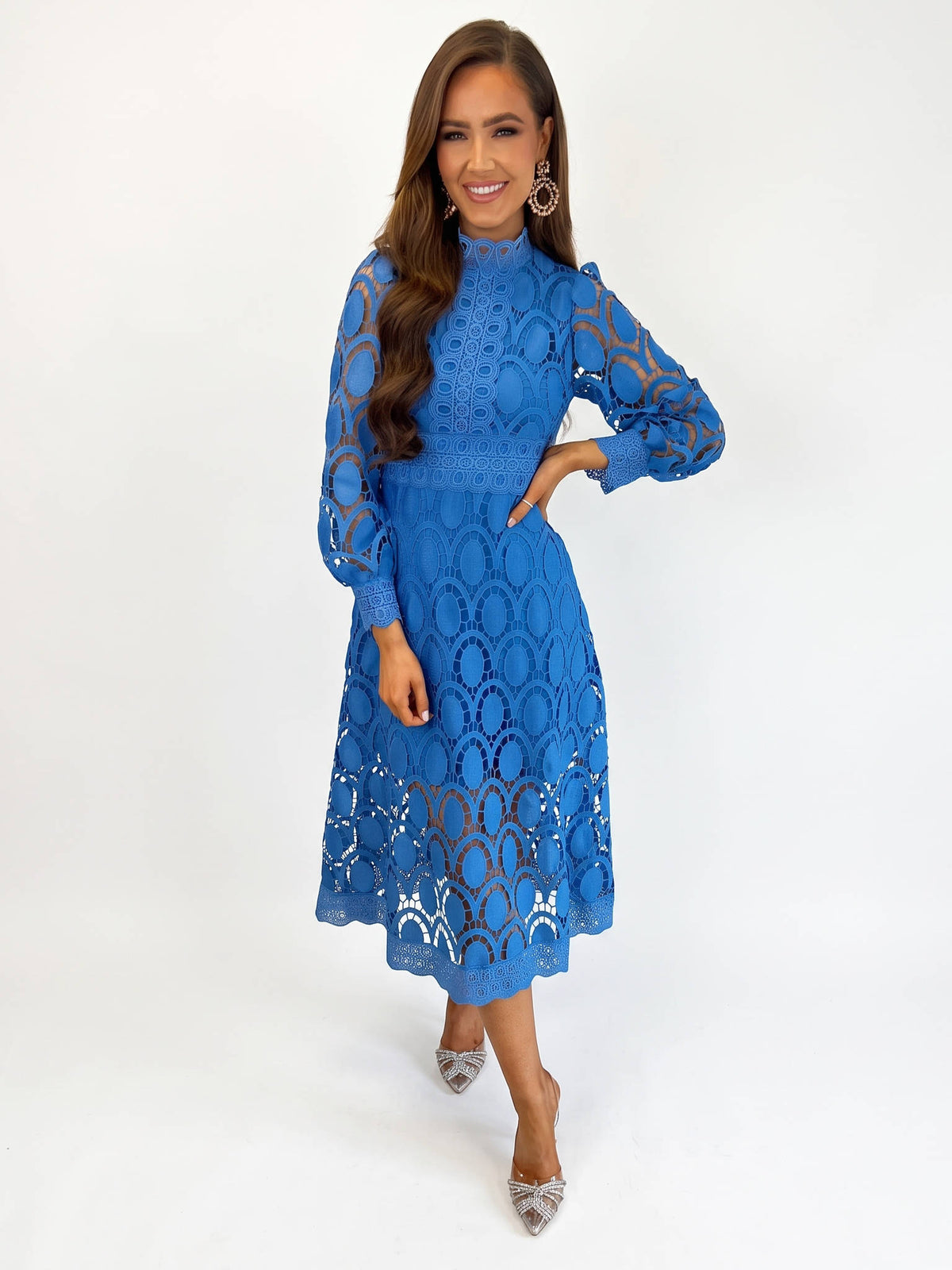 Womens Camille Openwork Midi Dress, Elegant Cutout Knit Dress, Stylish Casual Occasion Wear