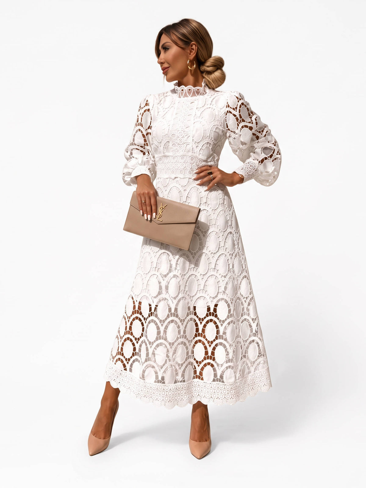 Womens Camille Openwork Midi Dress, Elegant Cutout Knit Dress, Stylish Casual Occasion Wear