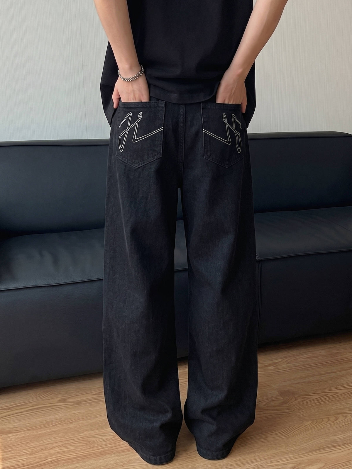 Mens Beige Wide Leg Jeans, Loose Fit Baggy Denim, Hip Hop Streetwear Pants with Pockets