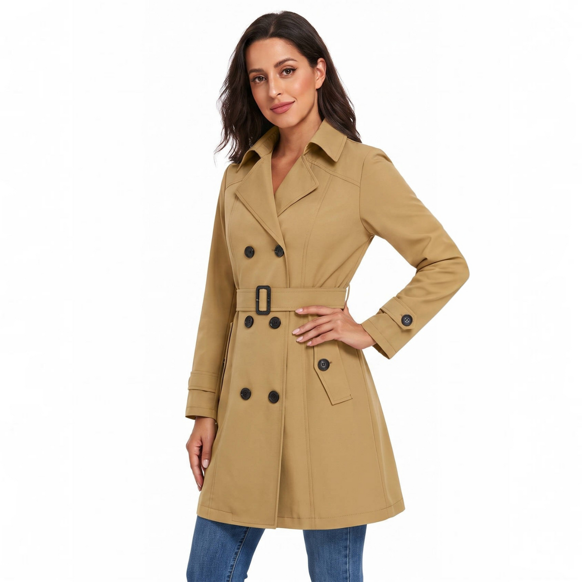 Womens Trench Coat, Classic Lapel, Belted Outerwear