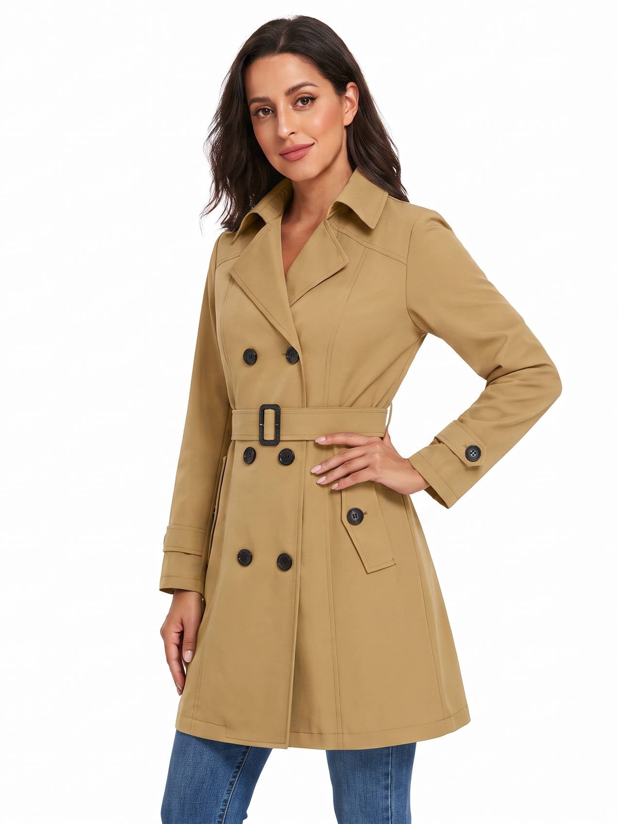 Womens Trench Coat, Classic Lapel, Belted Outerwear