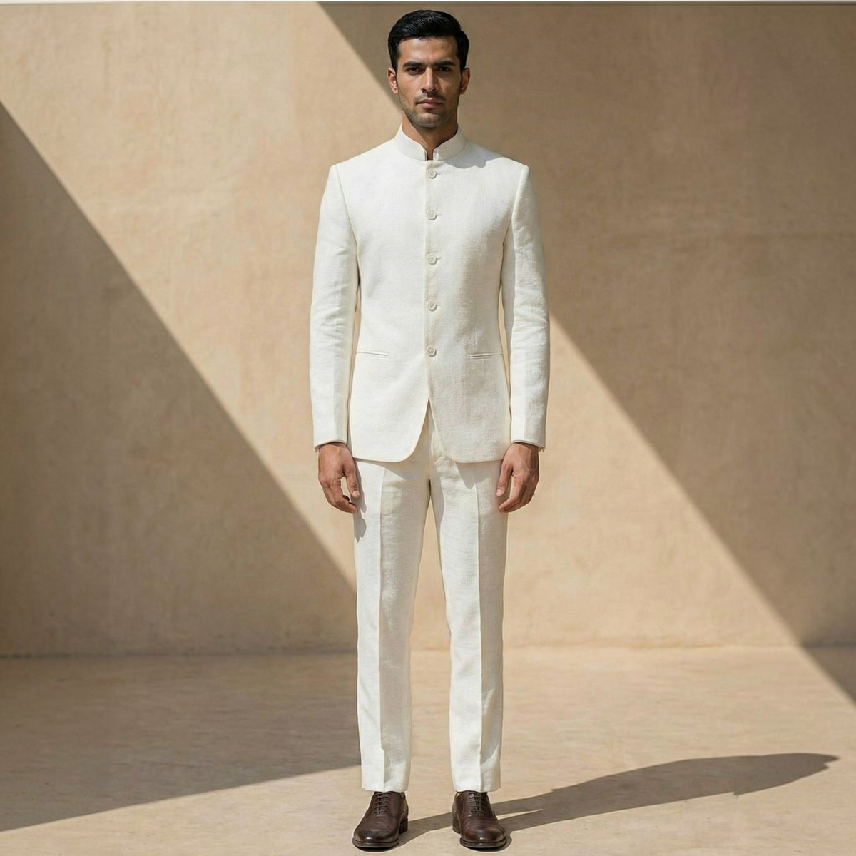 Mens Slim Fit Formal Suit with High Nehru Collar and Polyester Viscose Blend