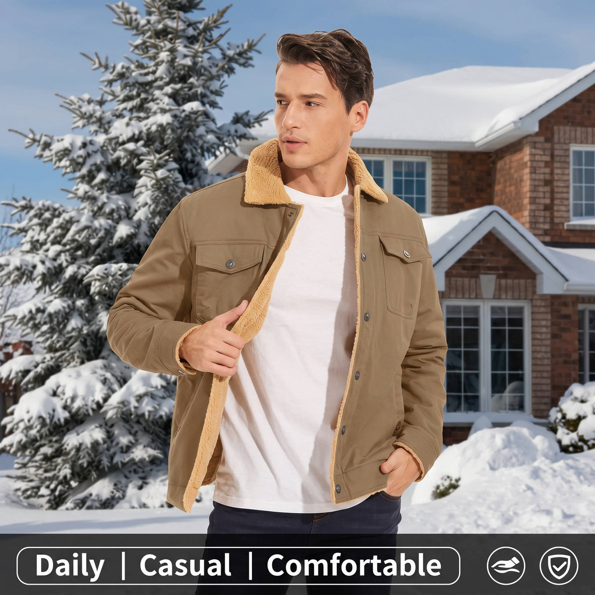 Mens Sherpa Lined Jacket, Winter Trucker Cargo Coat with Long Sleeves, Warm Fleece Lining and Multi Pocket Design