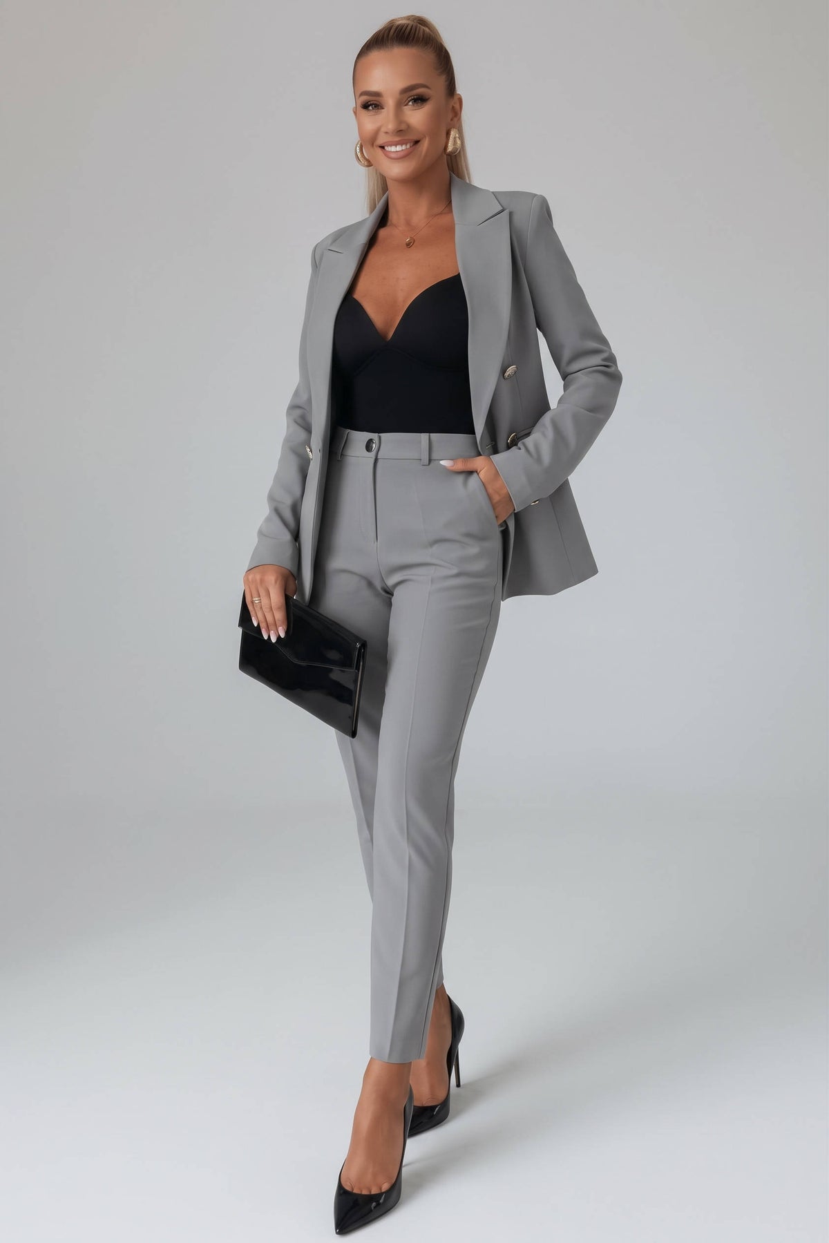 Womens Two Piece Pants Suit, Double Breasted Blazer and Straight Leg Trousers for Professional Office Business Wear