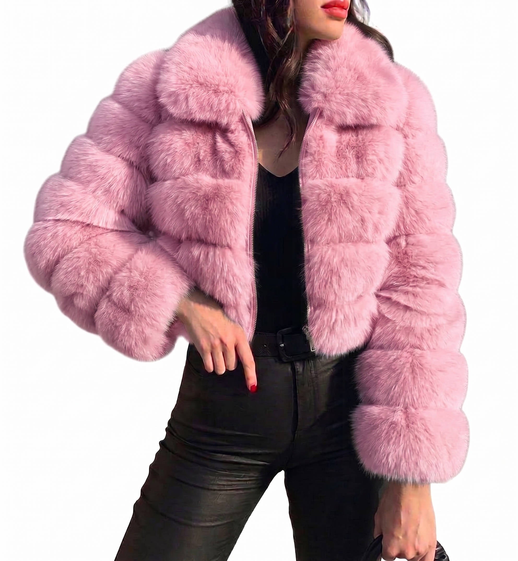 Womens Faux Fur Cropped Jacket, Fluffy Teddy Puffer Coat, Zip Up Warm Winter Jacket