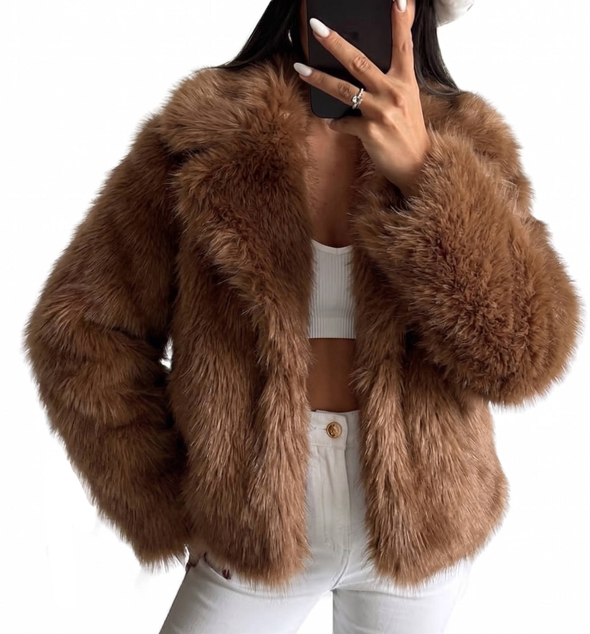 Womens Cropped Faux Fur Jacket, Fluffy Long Sleeve Winter Coat