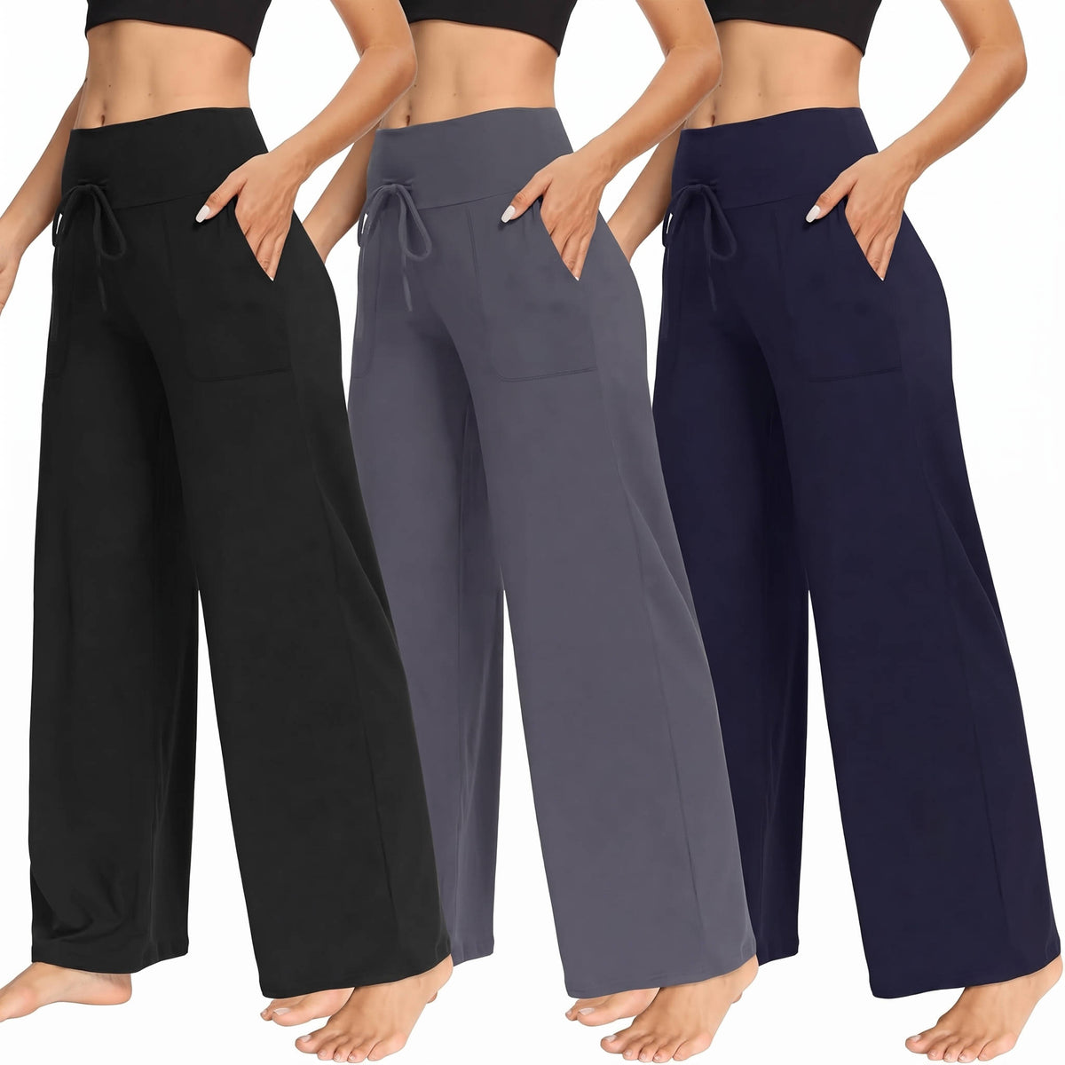 Womens Wide Leg Sweatpants, 3 Pack Loose Fit Pants with Pockets for Yoga Lounge Casual Wear and Everyday Comfort