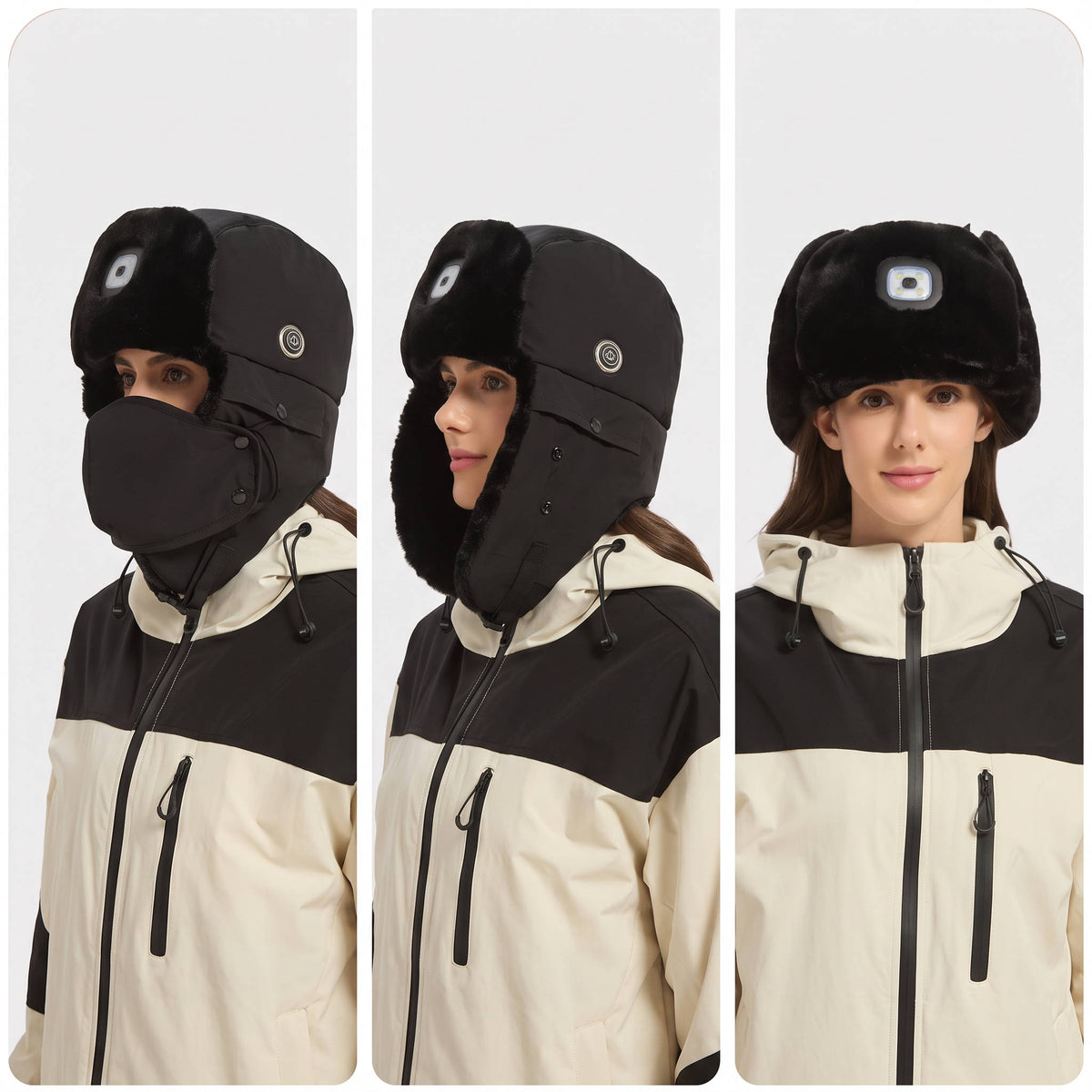 Heated Trapper Hat for Men, Rechargeable Winter Hat with LED Light, Faux Fur Ushanka Hunting Cap for Outdoor Use