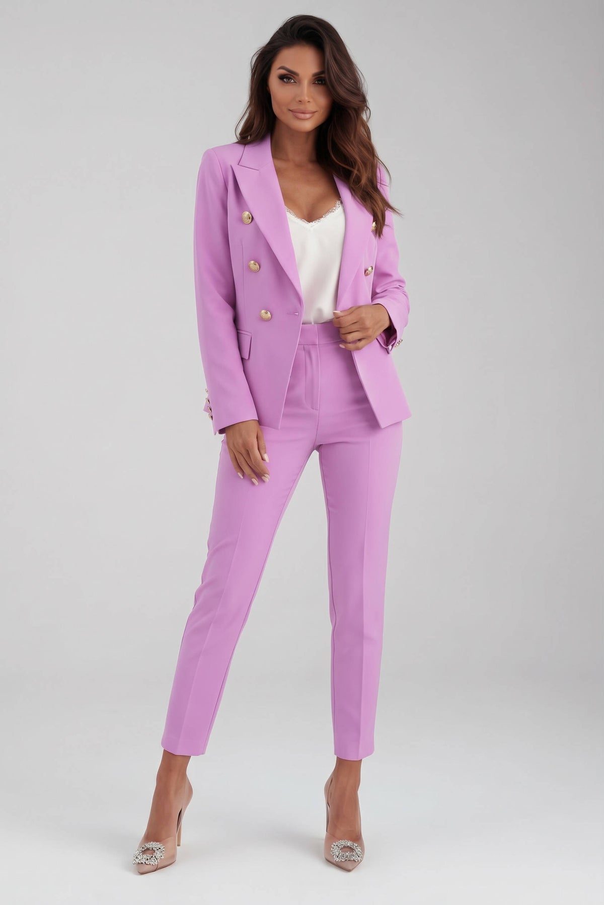 Womens Two Piece Pants Suit, Double Breasted Blazer and Straight Leg Trousers for Professional Office Business Wear