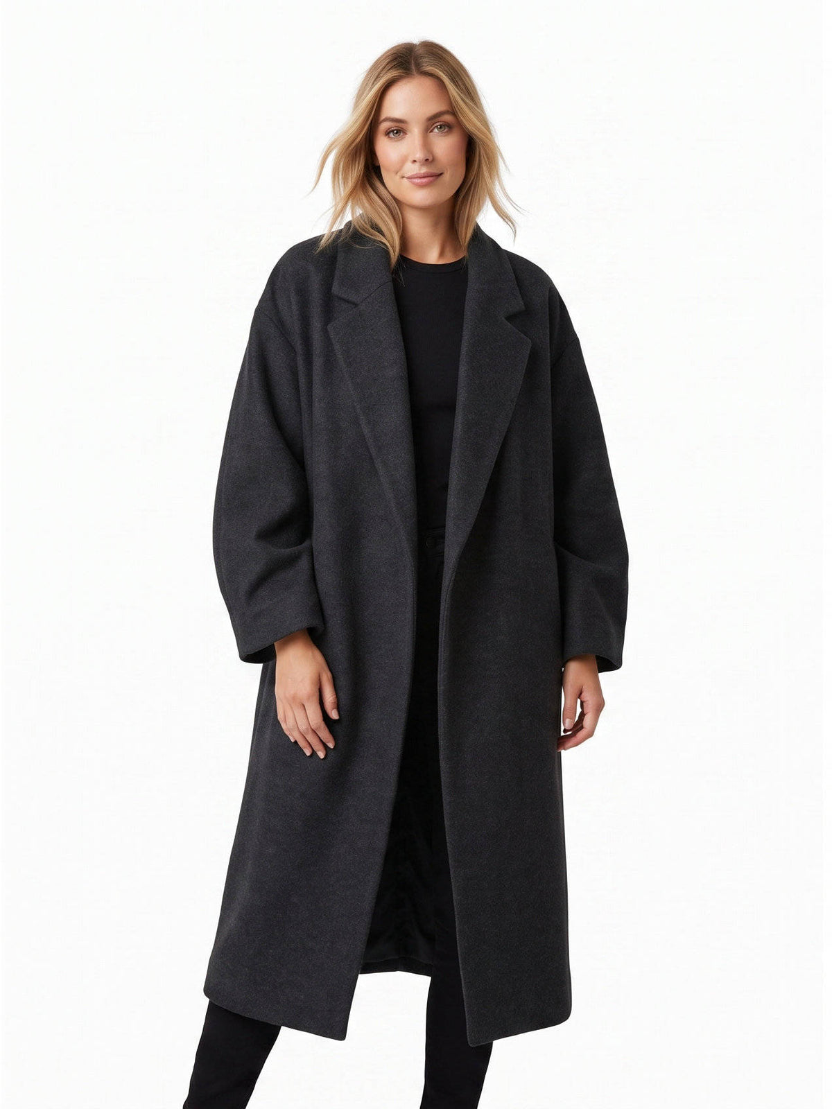 Womens Long Wool Coat, Double Breasted, Notch Lapel Winter Trench Coat