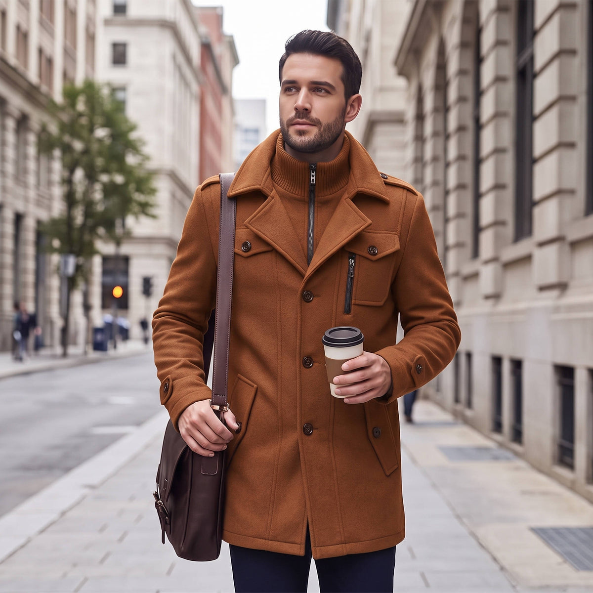 Men's Tweed Wool Coat, Korean Style Business Jacket, Double Neck, Front Zipper & Button Detail