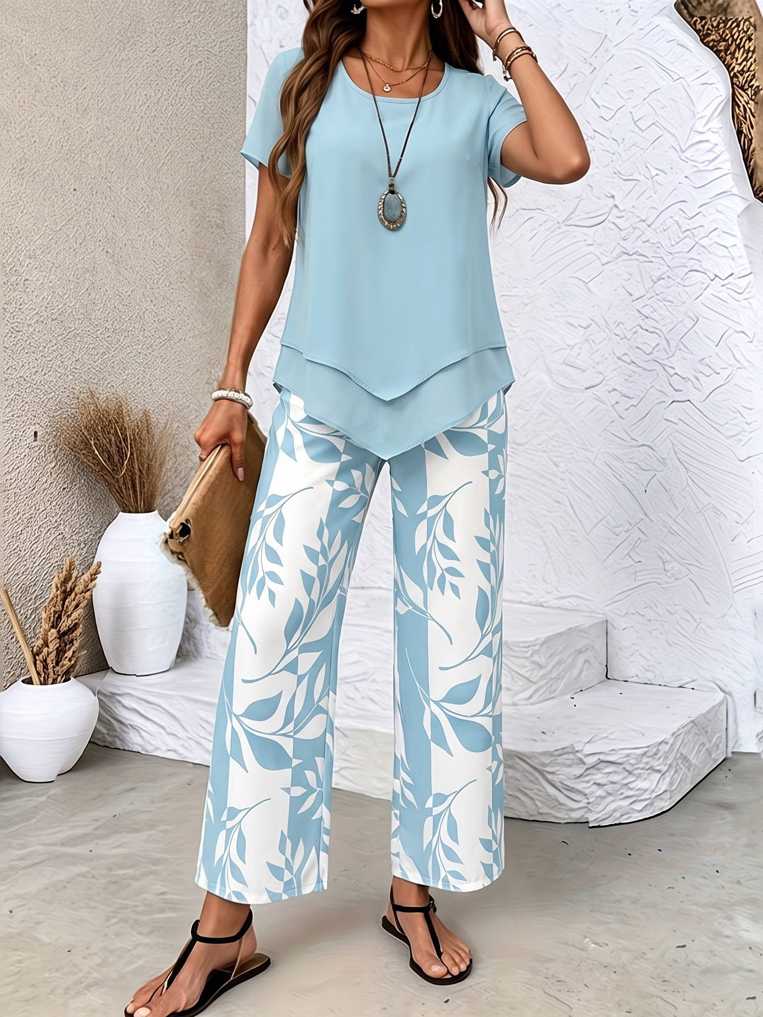 Women's Leaf Print Two Piece Set, Casual Short Sleeve Asymmetric Top and Wide Leg Pants Outfits, Elegant Summer Matching Suit