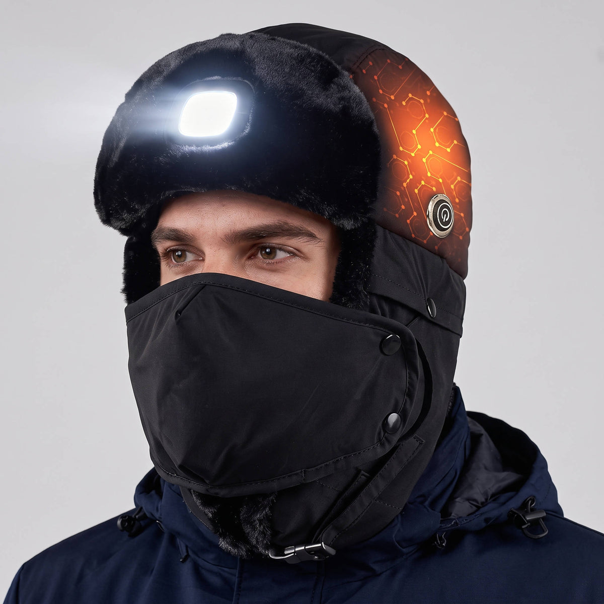 Heated Trapper Hat for Men, Rechargeable Winter Hat with LED Light, Faux Fur Ushanka Hunting Cap for Outdoor Use