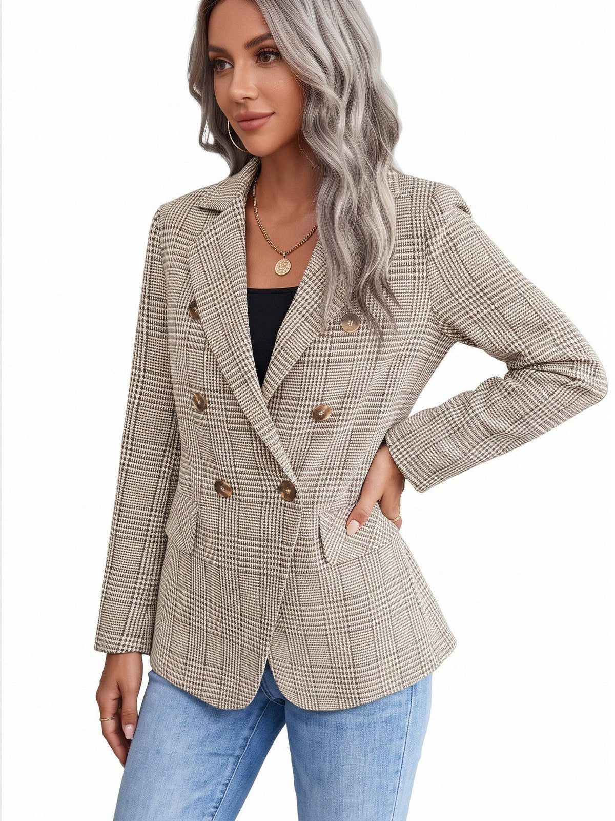 Womens Plaid Houndstooth Blazer, Business Casual Fall Jacket