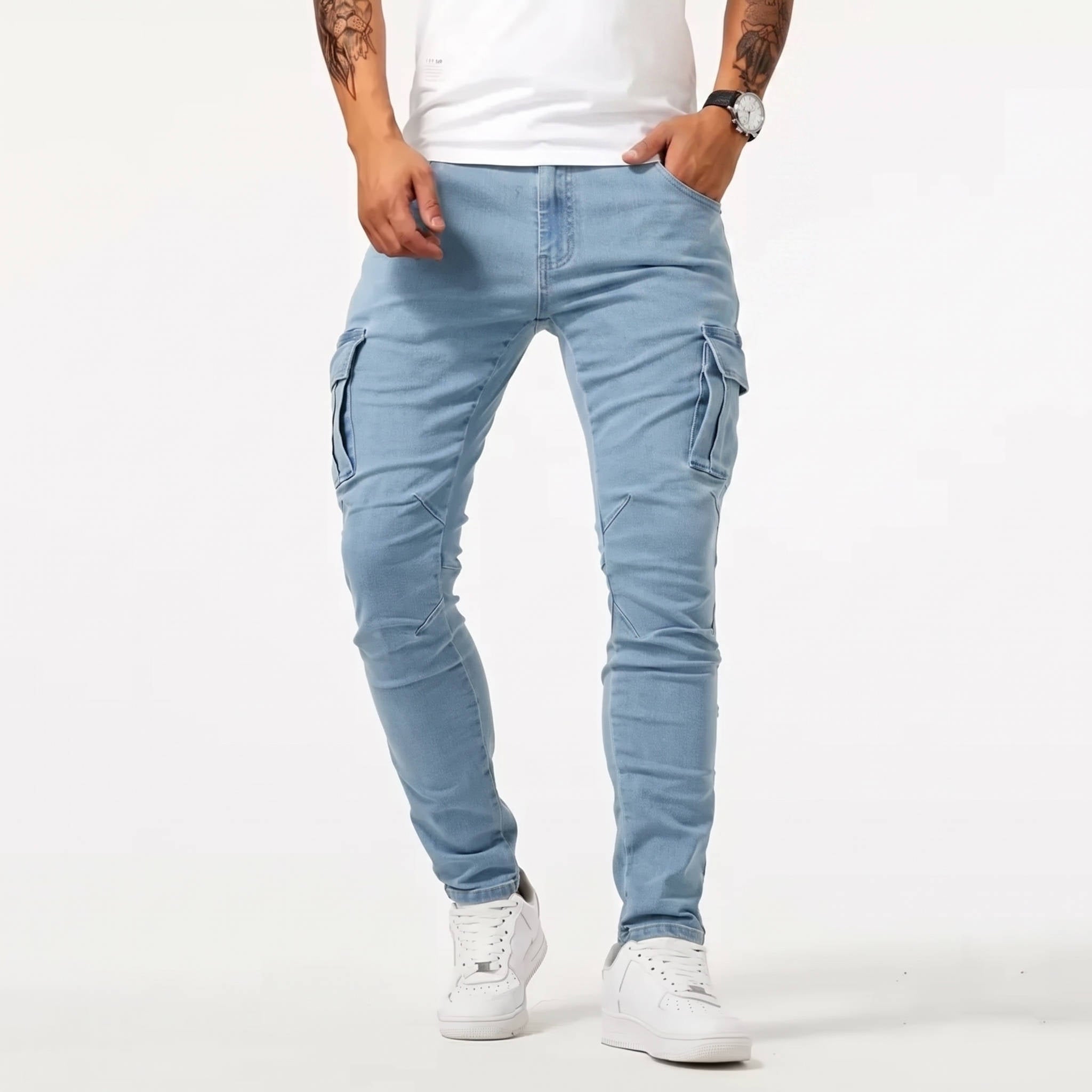 Mens Stretch Jeans Cargo Pants, Slim Fit Multi Pocket Denim Streetwear Trousers