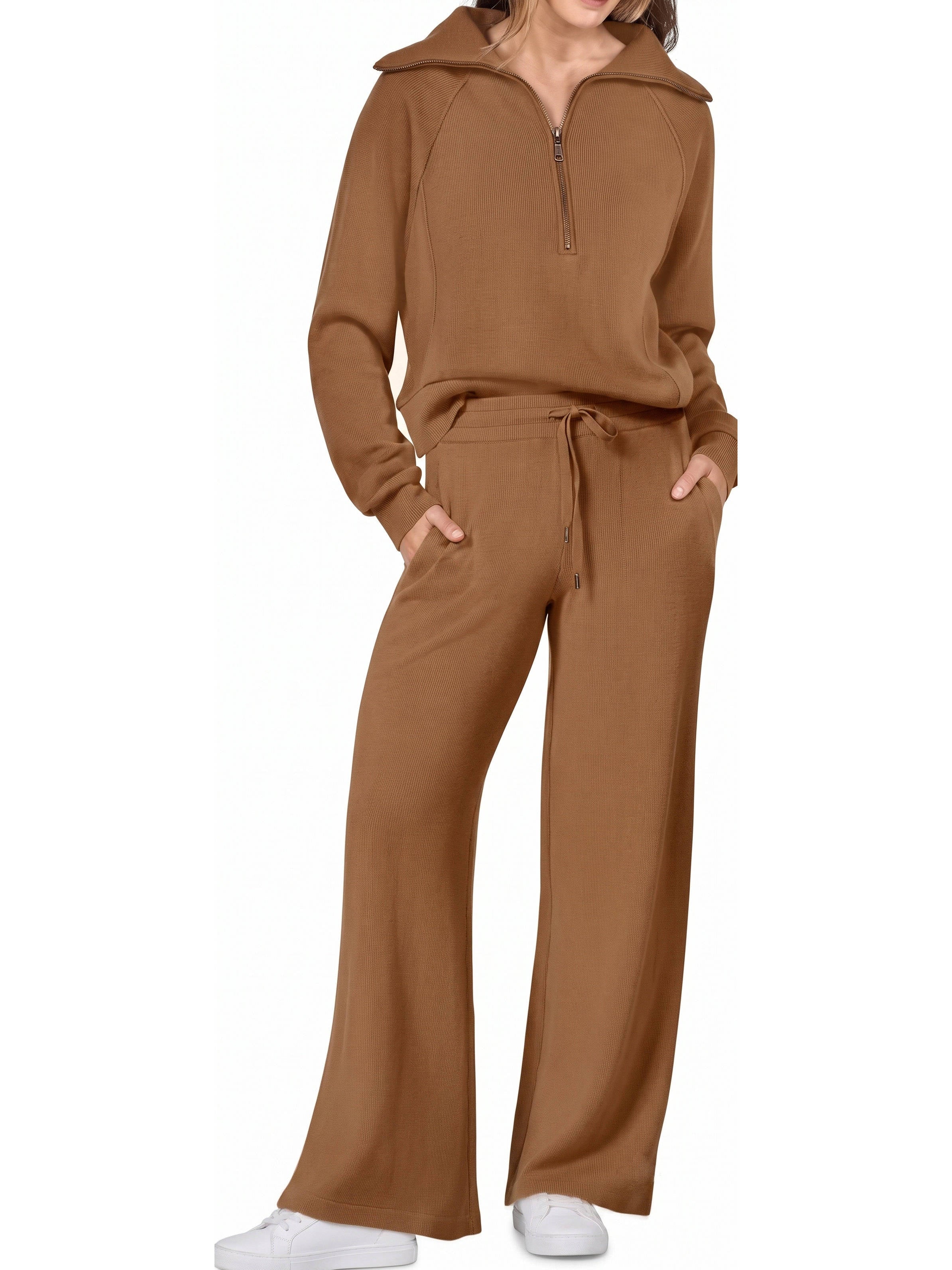 Women's 2 Piece Outfits, Casual Lapel Half Zip Sweatshirt and Wide Leg Pants Tracksuit Set
