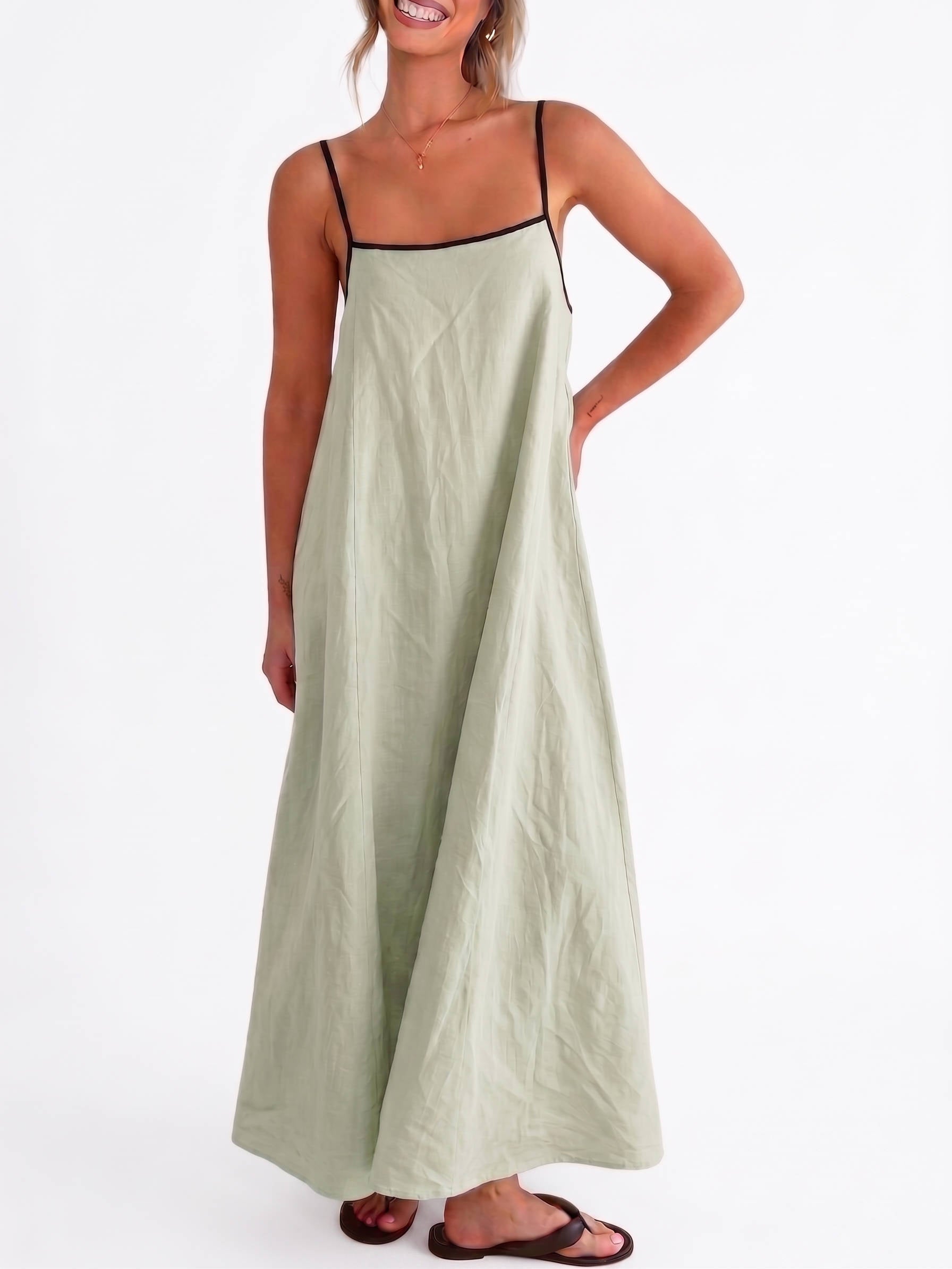 Womens Linen Maxi Dress, Contrast Spaghetti Strap Backless Summer Beach Dress