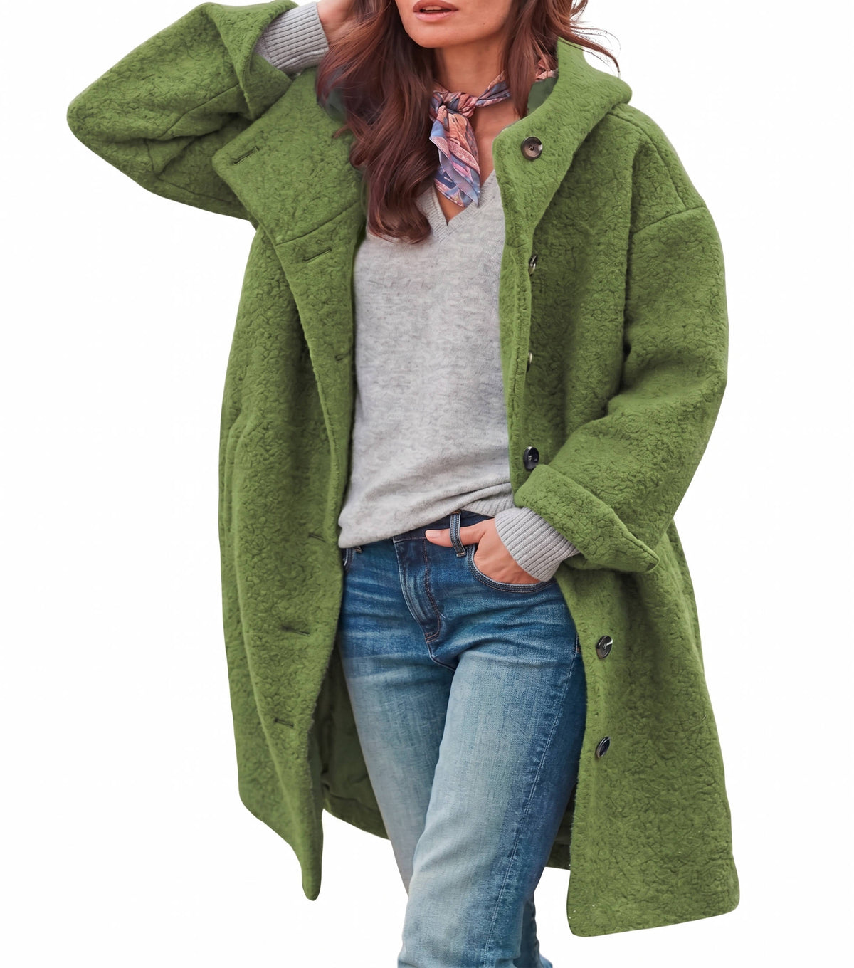 Women's Hooded Wool Coat, Long Button Front Winter Jacket, Casual Warm Outerwear