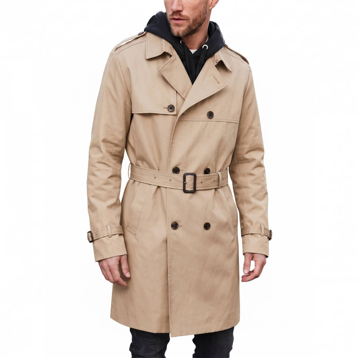 Mens Trench Coat, Belted Windproof Overcoat, Long Windbreaker Jacket