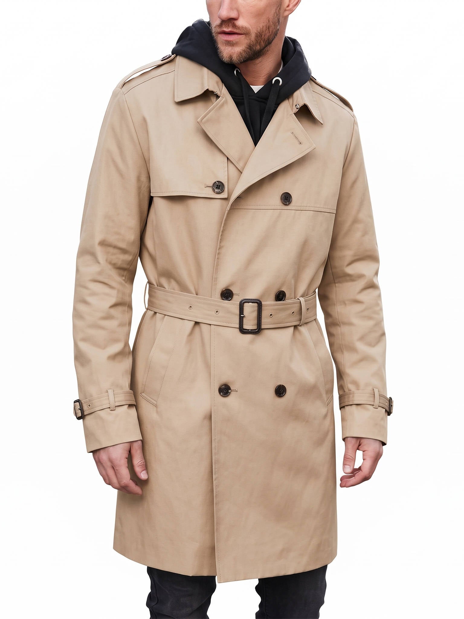 Mens Trench Coat, Belted Windproof Overcoat, Long Windbreaker Jacket