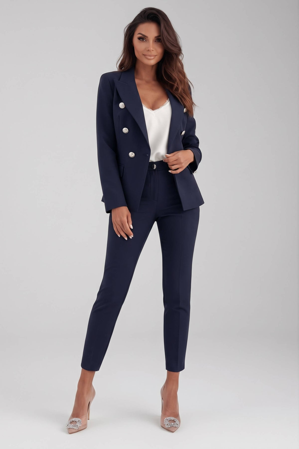 Womens Two Piece Pants Suit, Double Breasted Blazer and Straight Leg Trousers for Professional Office Business Wear