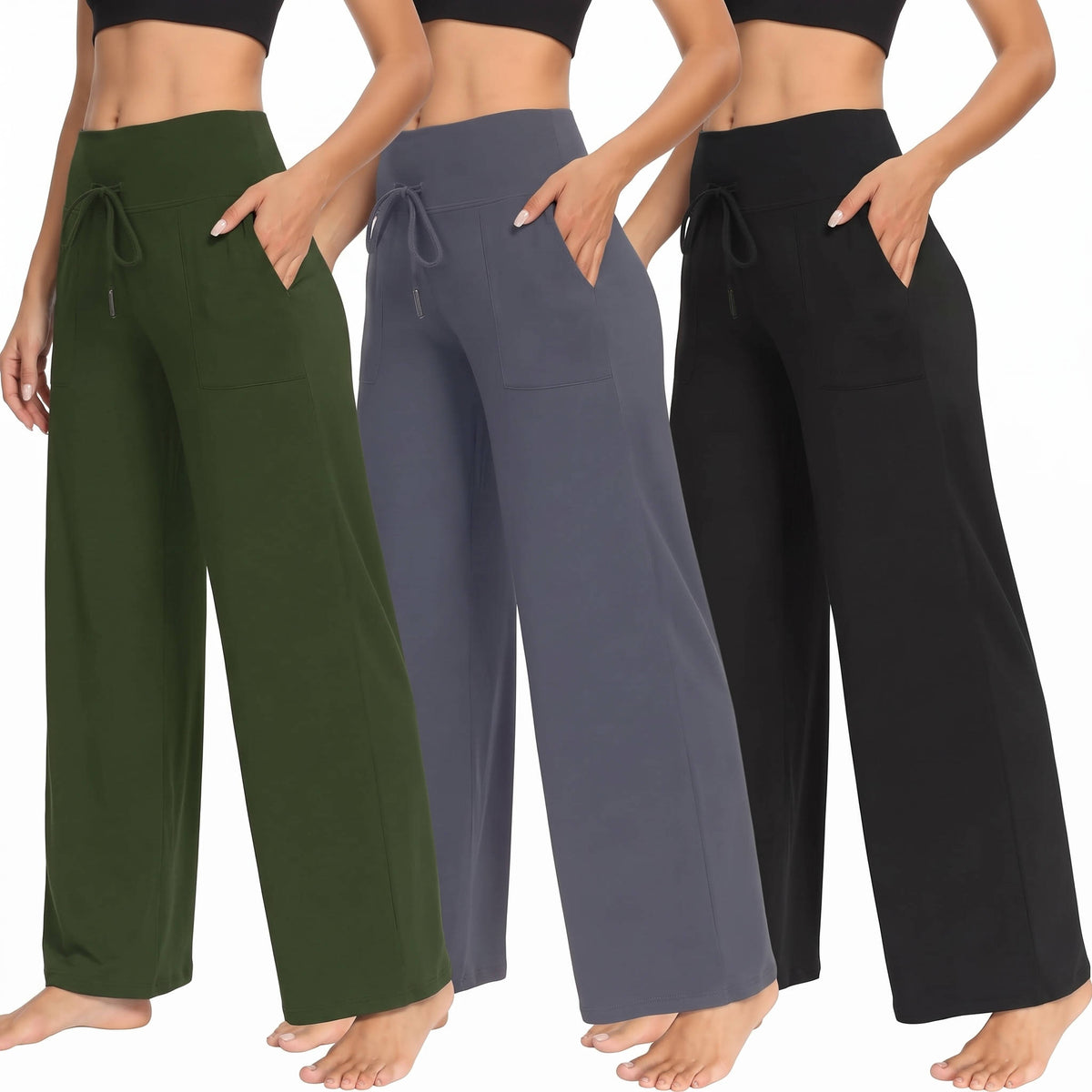 Womens Wide Leg Sweatpants, 3 Pack Loose Fit Pants with Pockets for Yoga Lounge Casual Wear and Everyday Comfort