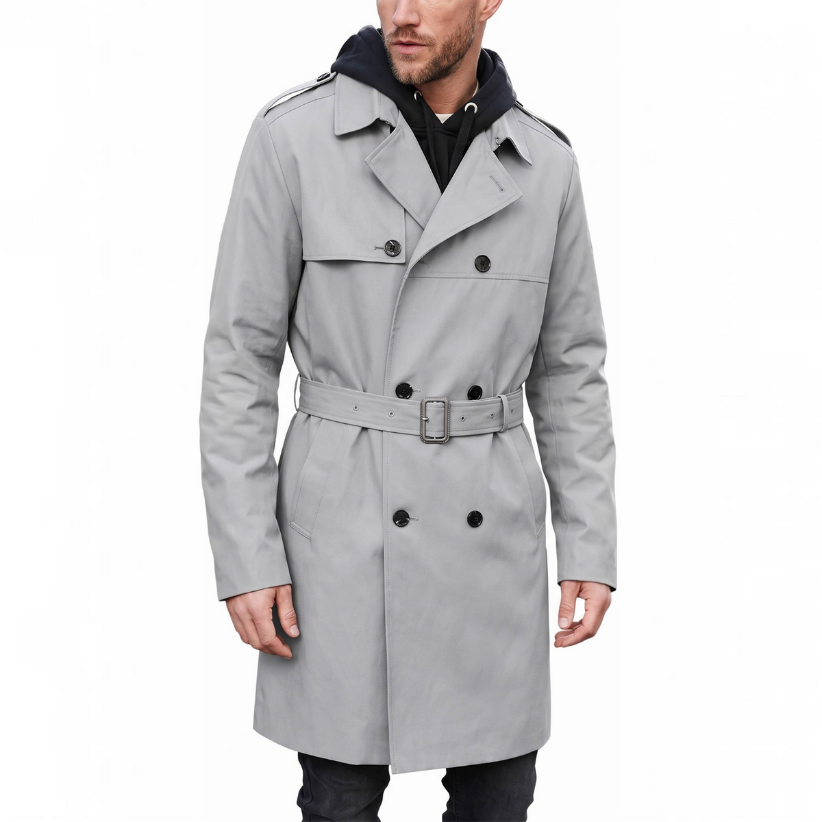 Mens Trench Coat, Belted Windproof Overcoat, Long Windbreaker Jacket
