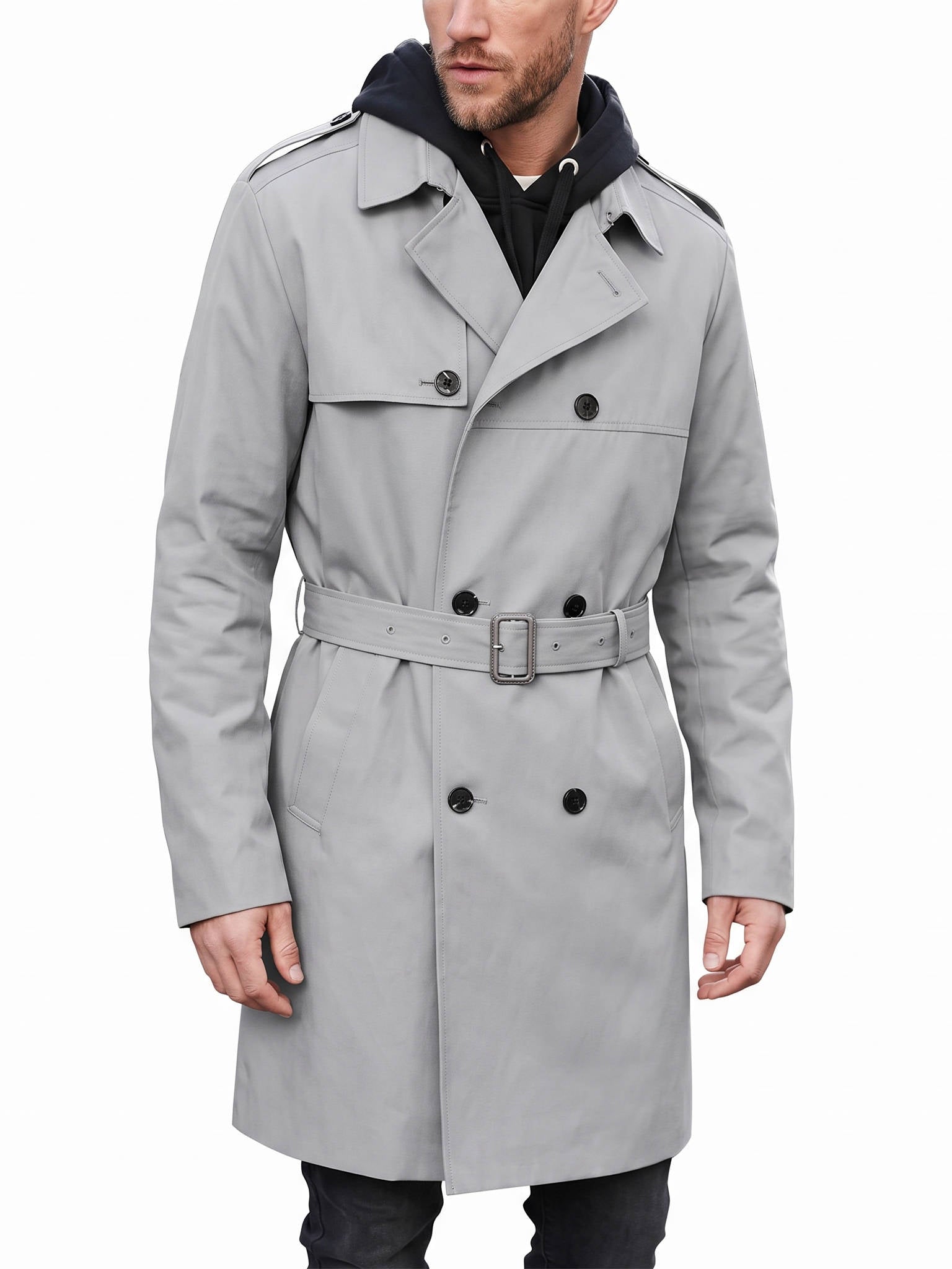 Mens Trench Coat, Belted Windproof Overcoat, Long Windbreaker Jacket