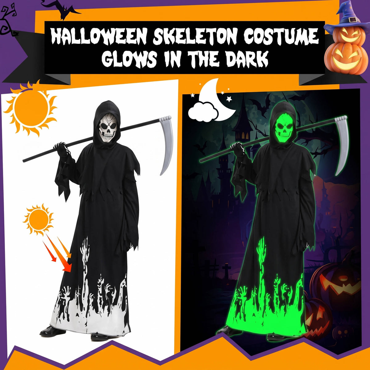 Grim Reaper Costume for Boys, Glow in the Dark Halloween Costume for Kids and Trick or Treating
