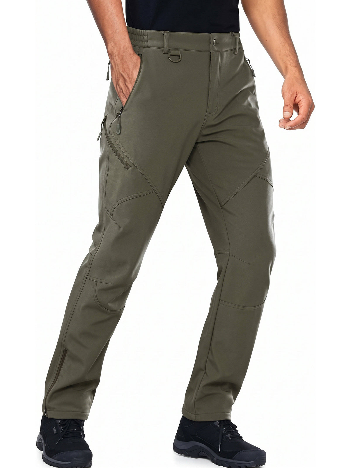 Mens Hunting Pants, Water Repellent Softshell Ski Pants with Fleece Lining, 6 Zip Pockets and Leg Zippers for Winter Hiking