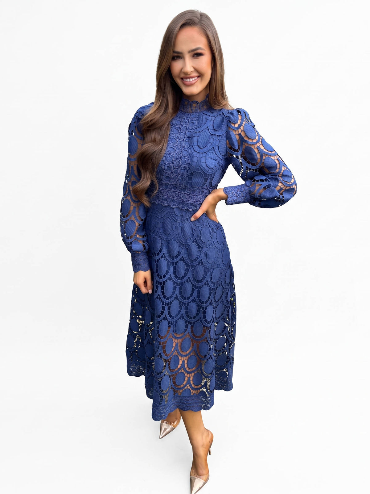 Womens Camille Openwork Midi Dress, Elegant Cutout Knit Dress, Stylish Casual Occasion Wear