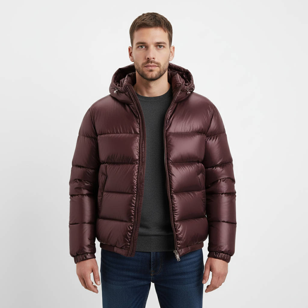 Hooded Puffer Jacket for Men with Cotton Padding and Stand Collar