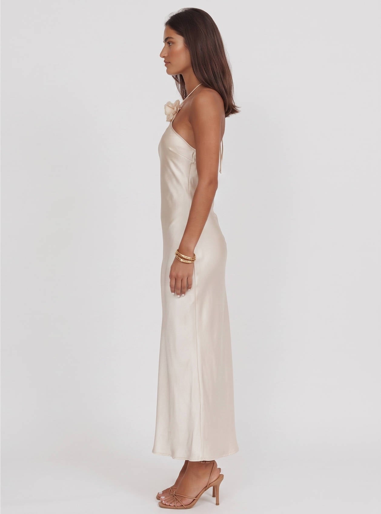 Womens Satin Halter Maxi Dress, Backless Sleeveless Wedding Guest Formal Dress