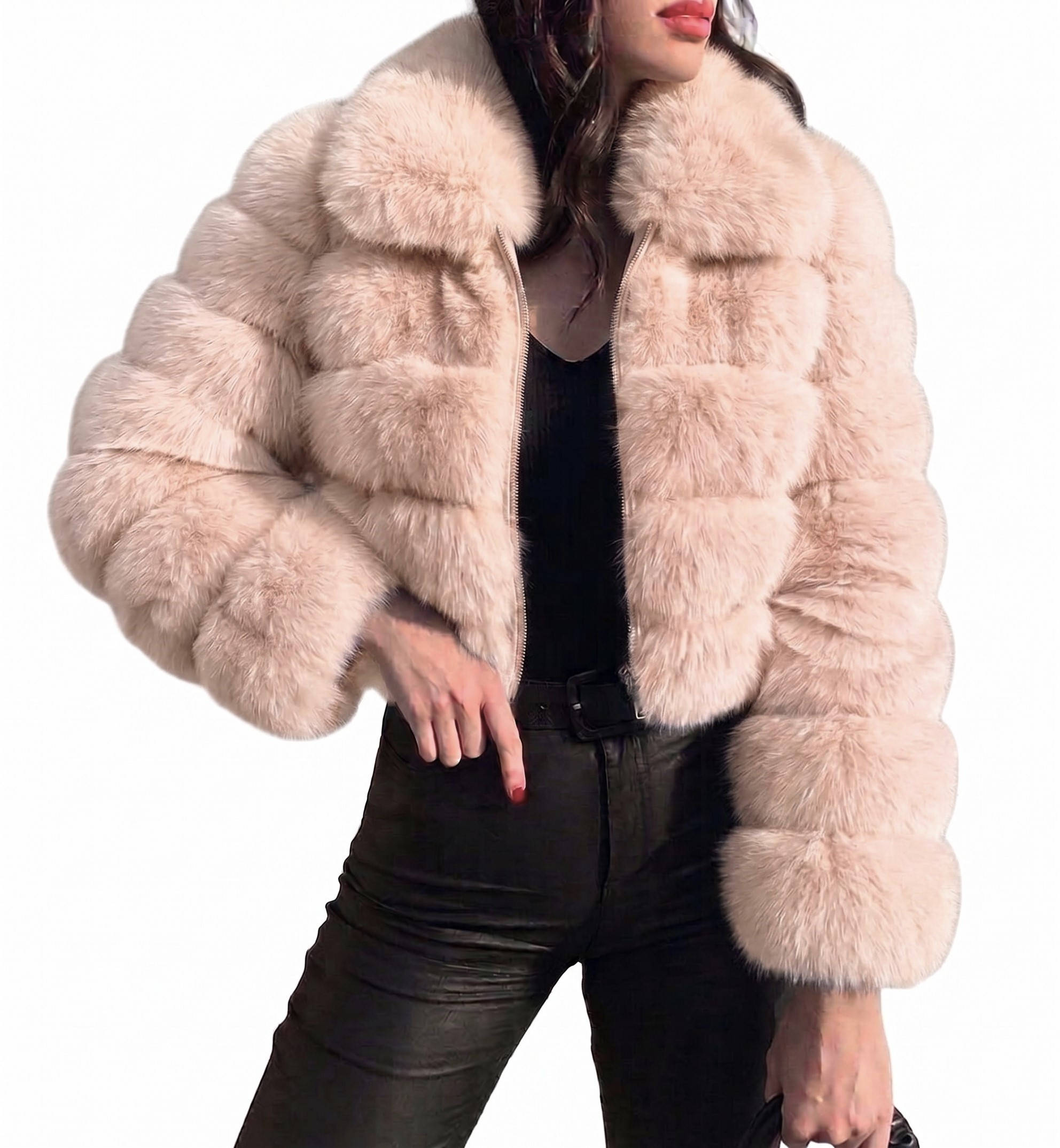 Womens Faux Fur Cropped Jacket, Fluffy Teddy Puffer Coat, Zip Up Warm Winter Jacket