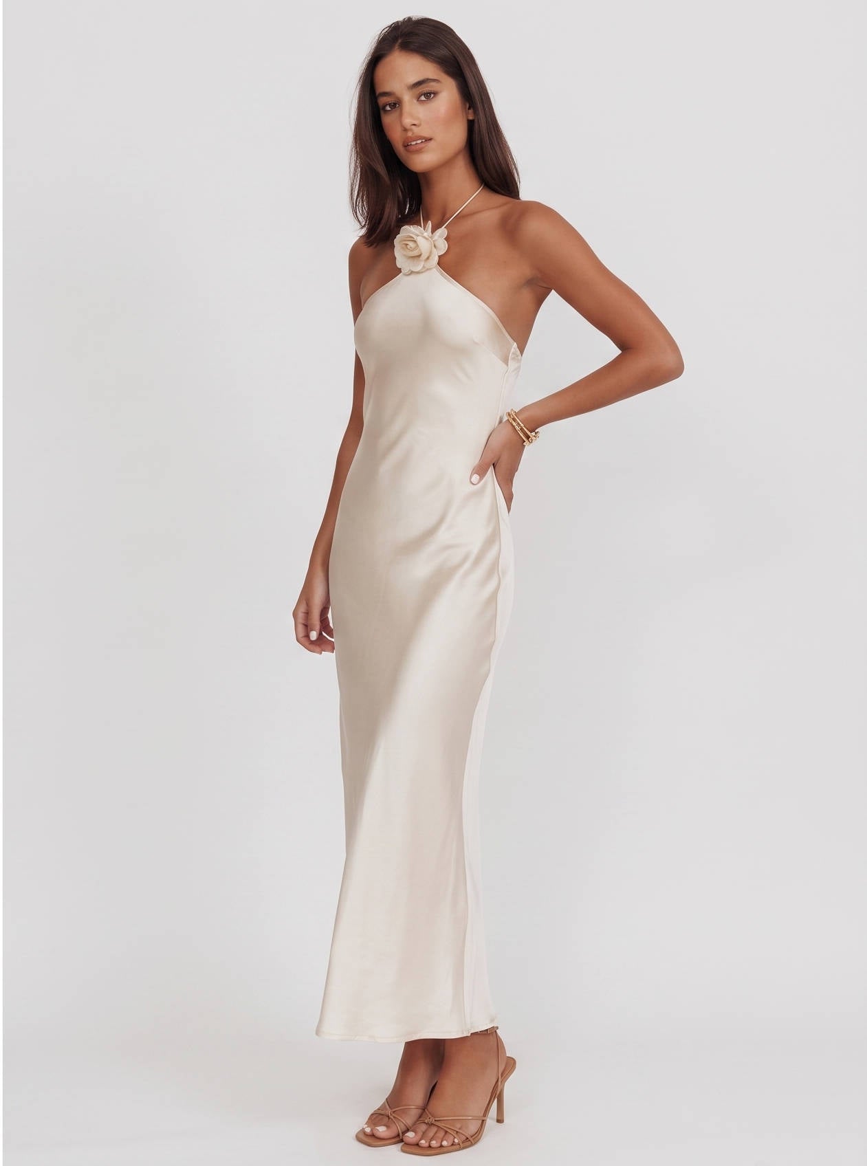 Womens Satin Halter Maxi Dress, Backless Sleeveless Wedding Guest Formal Dress