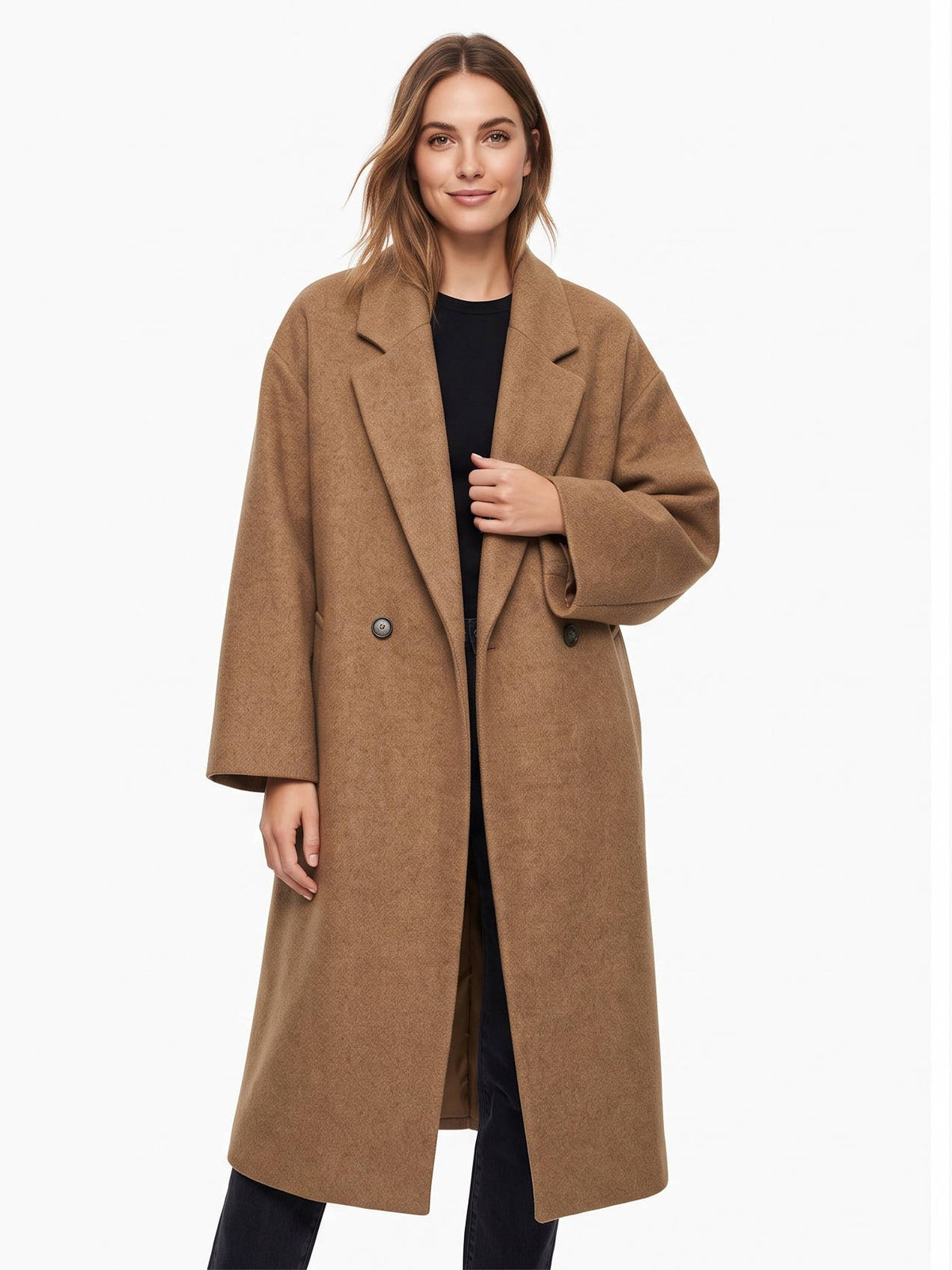 Womens Long Wool Coat, Double Breasted, Notch Lapel Winter Trench Coat